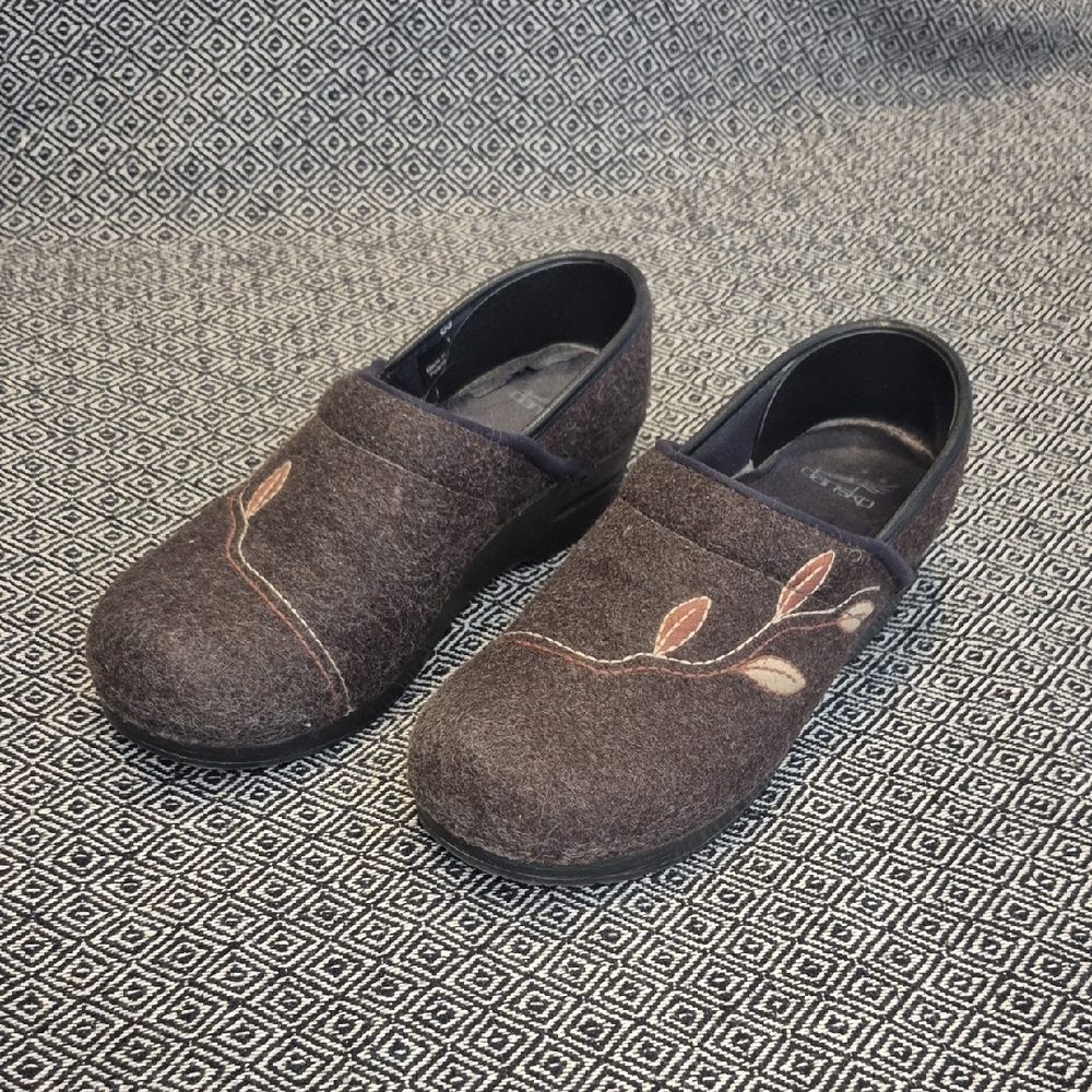 Dansko Brown Felt Clogs with Leaf Embroidery